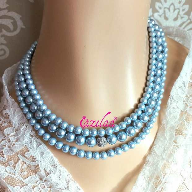 Elegant Blue pearl CZ choker necklace earrings