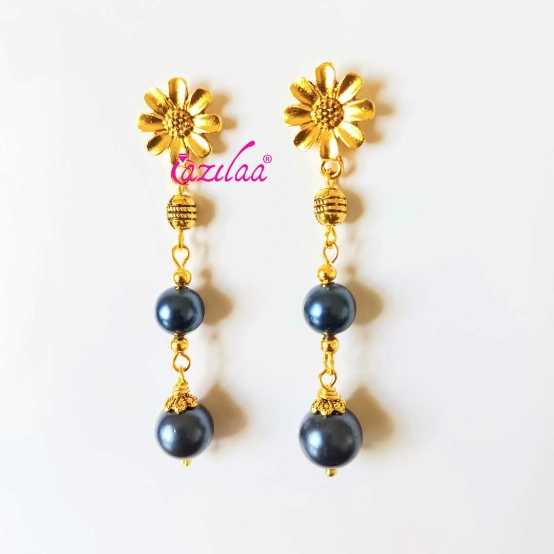 Blue pearl flower dangler antique golden earrings
