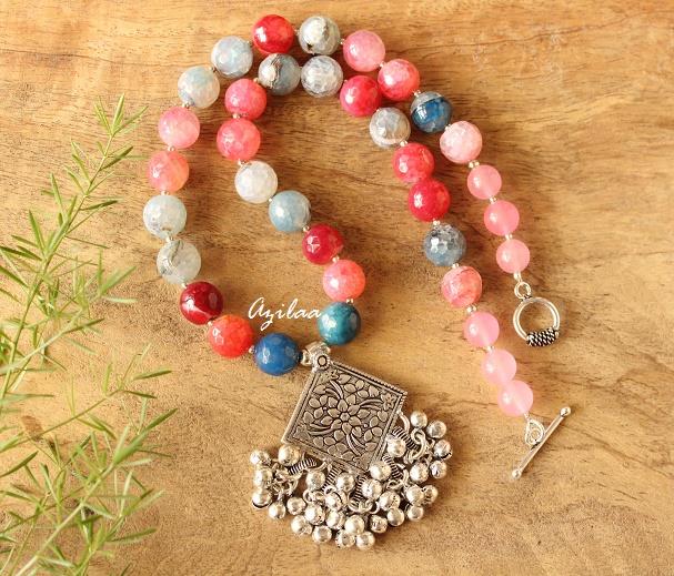 Blue pink shade agate gemstone handmade silver necklace earring