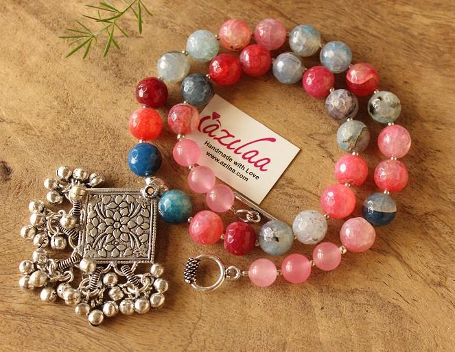 Blue pink shade agate gemstone handmade silver necklace earring