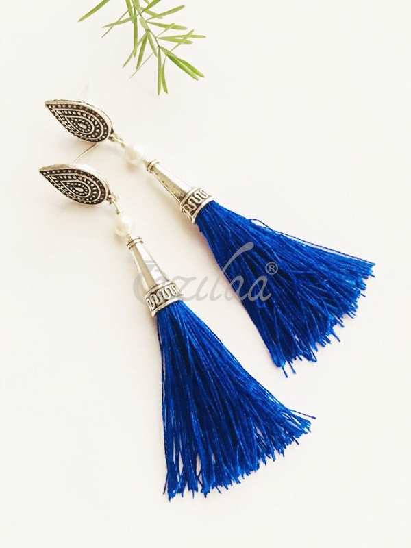 Blue silk tassel pearl handmade post earrings