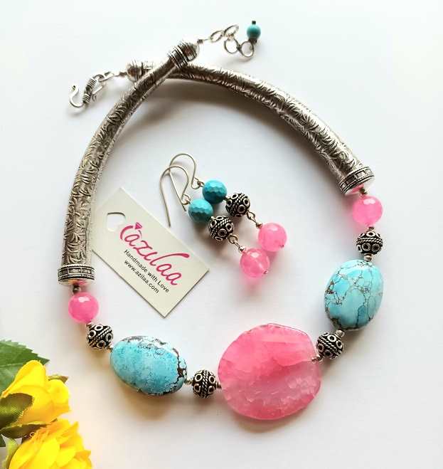 Blue turquoise and pink agate gemstone handmade necklace set