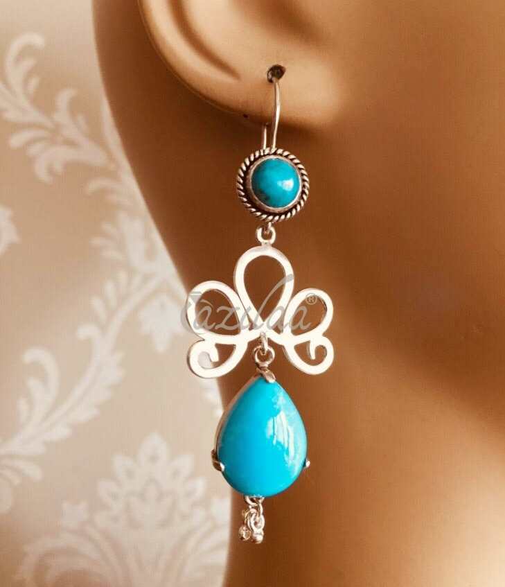 Blue turquoise sterling silver artisan designer gemstone earrings