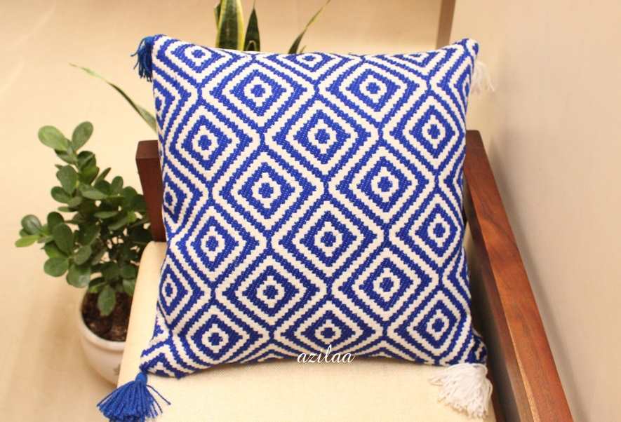  Blue white geometric handloom handmade cushion cover 1