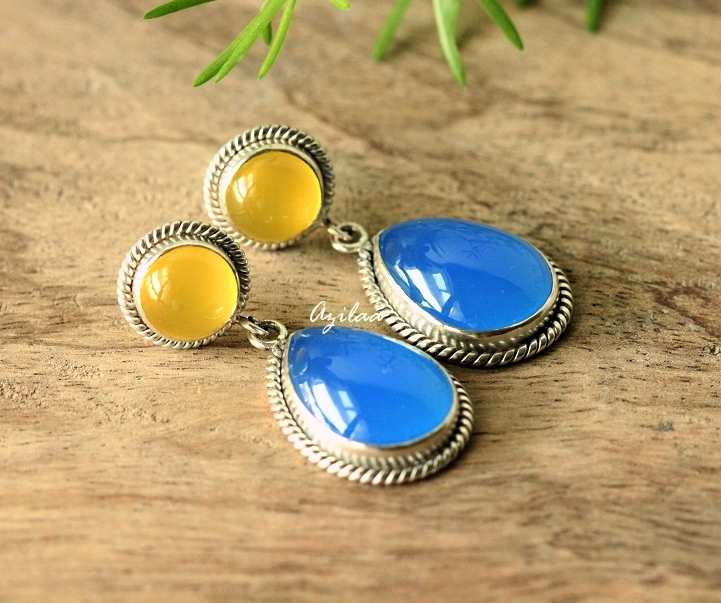 Blue yellow chalcedony Sterling silver designer gemstone earrings