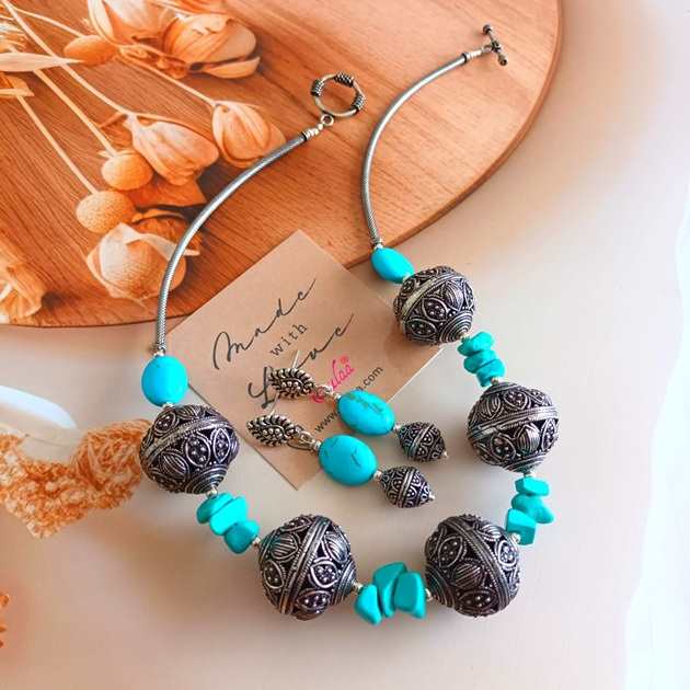  Bohemian Choker turquoise antique silver necklace set