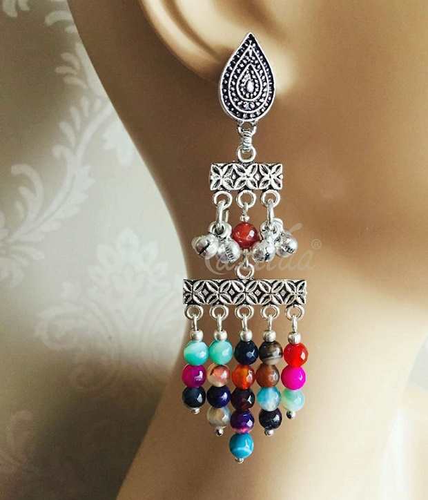 Boho Antique silver multi gemstone handmade earrings
