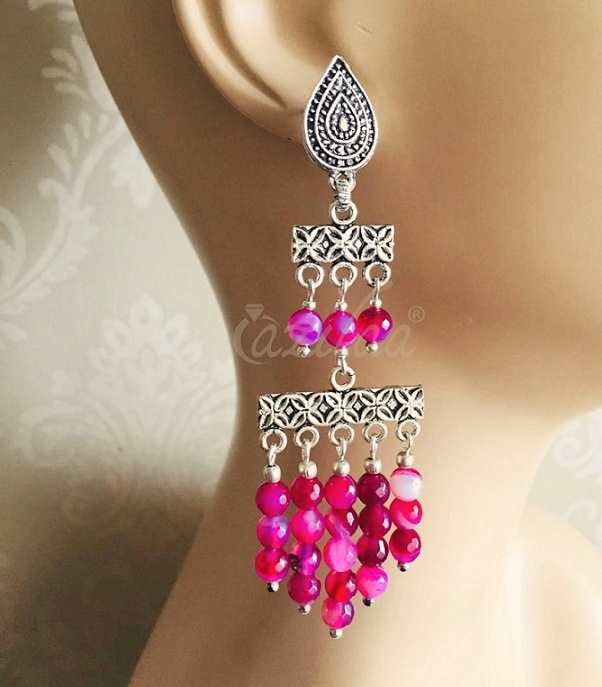 Boho Antique silver pink gemstone handmade earrings