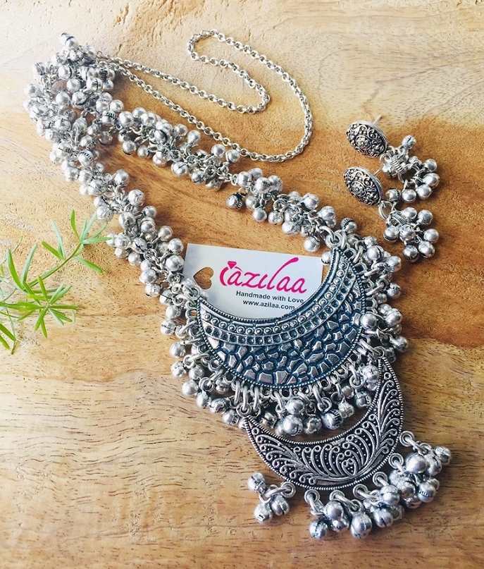 Boho Antique style moon tribal pendant chain necklace set