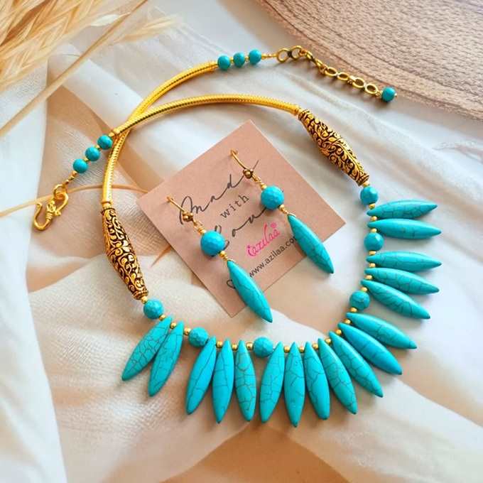 Boho Turquoise necklace and earring set, Blue jewellery set