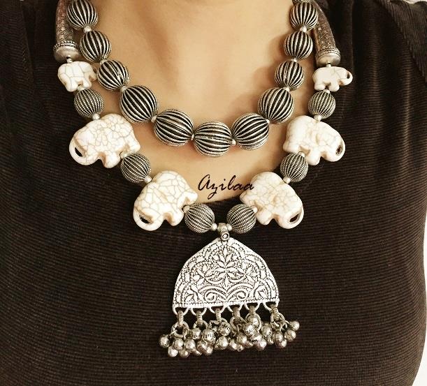 Boho elephant antique silver tone necklace set