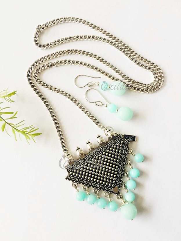 Boho pastel sea  tribal pendant chain necklace set