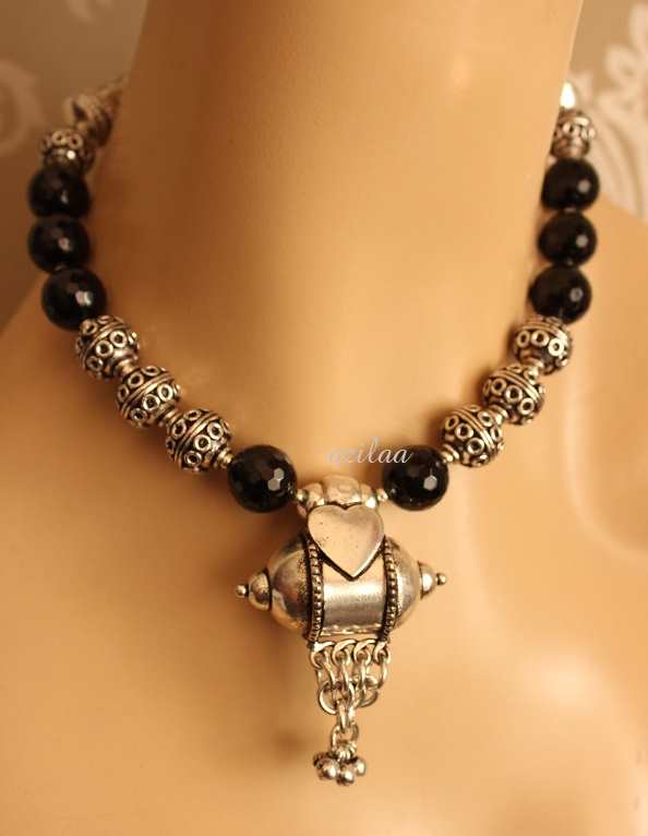 Boho statement Black onyx gemstone necklace earrings set