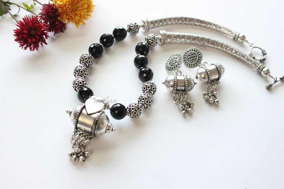 Boho statement Black onyx gemstone necklace earrings set