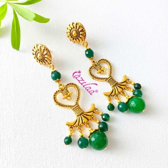 Bridal Green gemstone dangler golden chandelier earrings