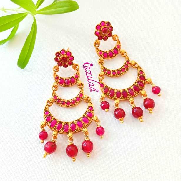 Bridal maroon gemstone dangler golden chandelier earrings