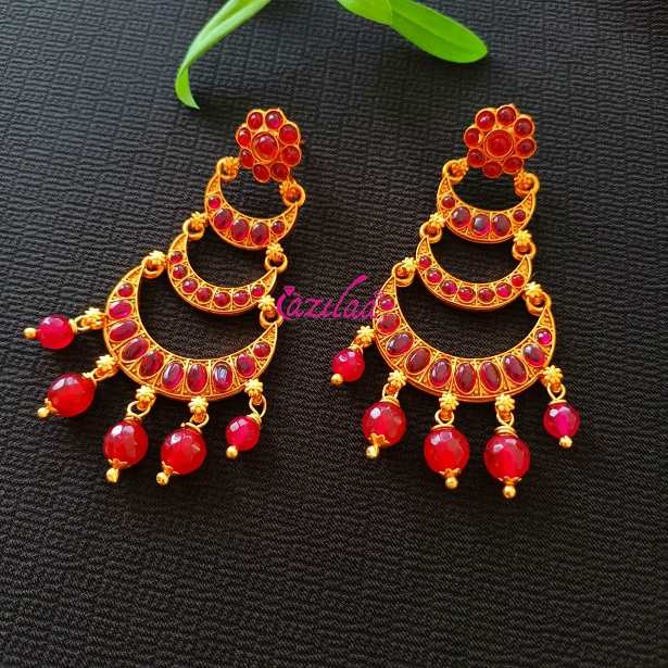 Bridal maroon gemstone dangler golden chandelier earrings
