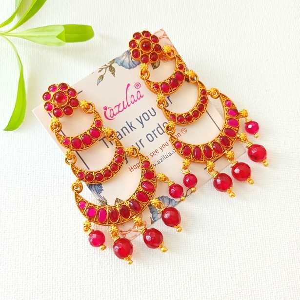 Bridal maroon gemstone dangler golden chandelier earrings