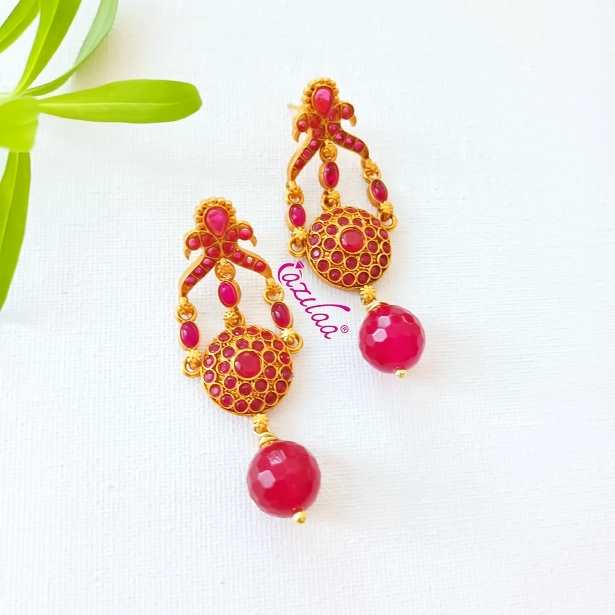 Bridal maroon gemstone dangler golden earrings