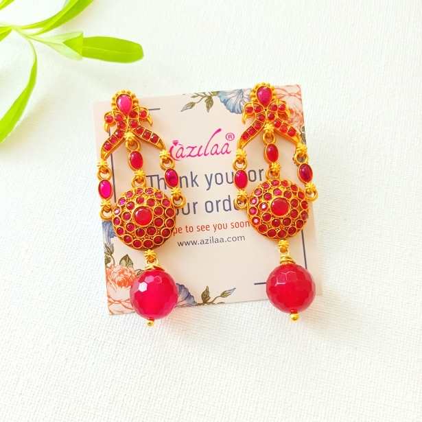 Bridal maroon gemstone dangler golden earrings