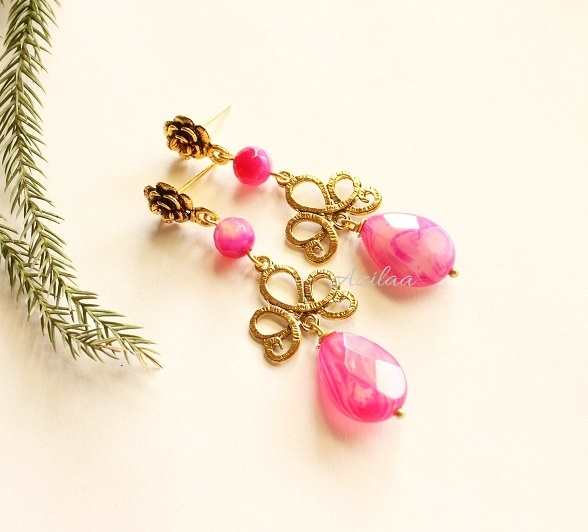 Bright PINK Gold plated gemstone beaded chandelier earrings