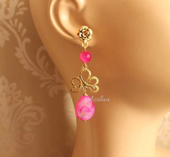 Bright PINK Gold plated gemstone beaded chandelier earrings