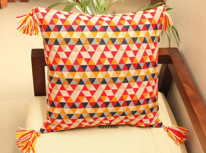 Bright geometric orange handloom handmade cushion cover 