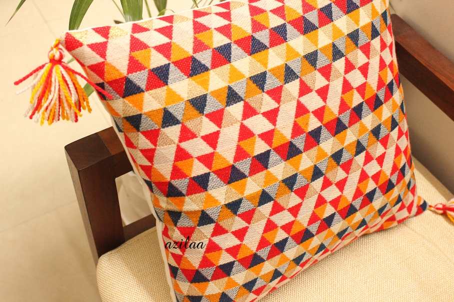 Bright geometric orange handloom handmade cushion cover 