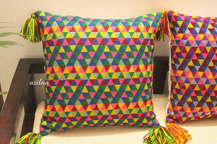 Bright green geometric handloom handmade cushion cover 