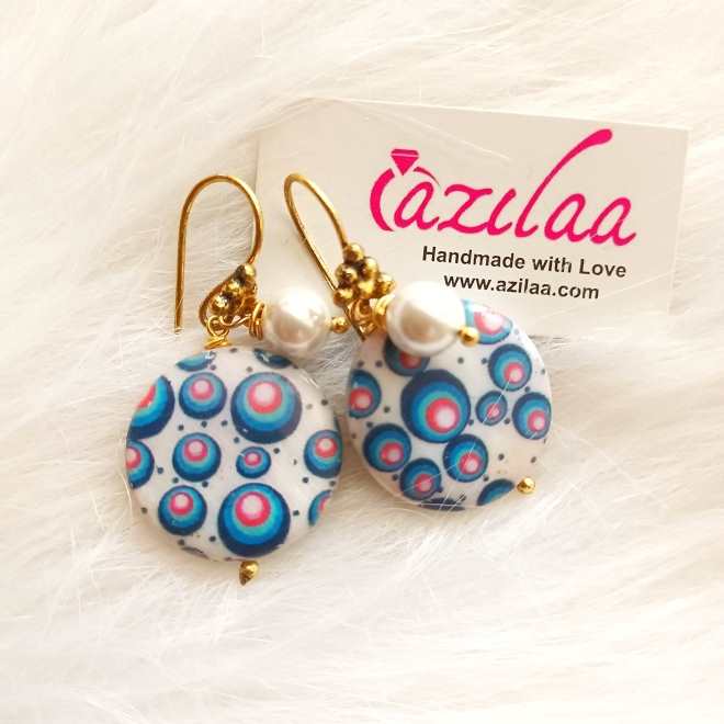 Bright painted mother of pearl disk earrings