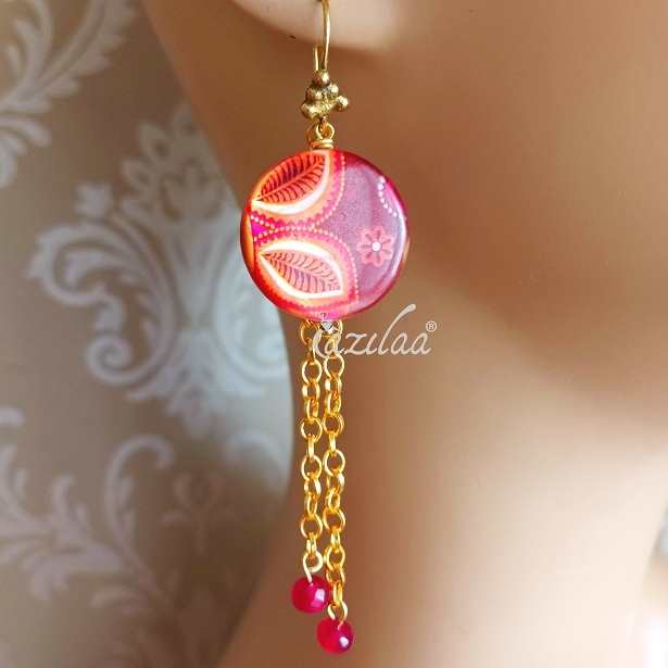 Bright painted mother of pearl disk earrings