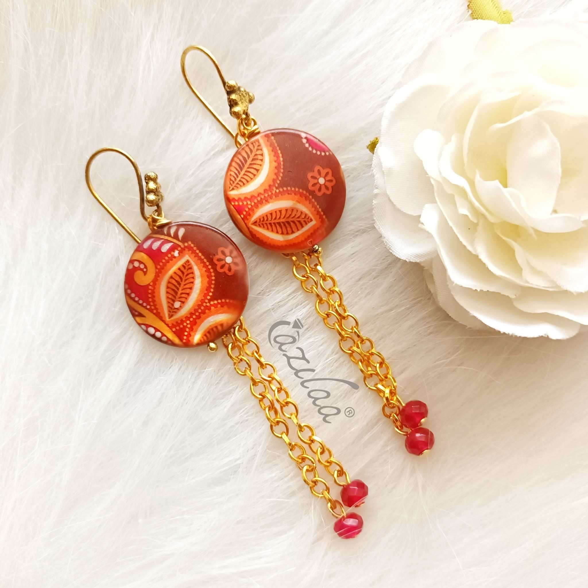 Bright painted mother of pearl disk earrings