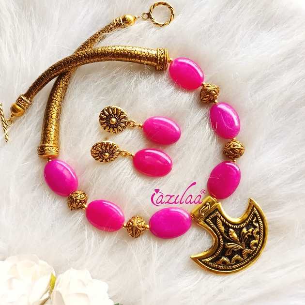 Bright pink beaded gemstone necklace set