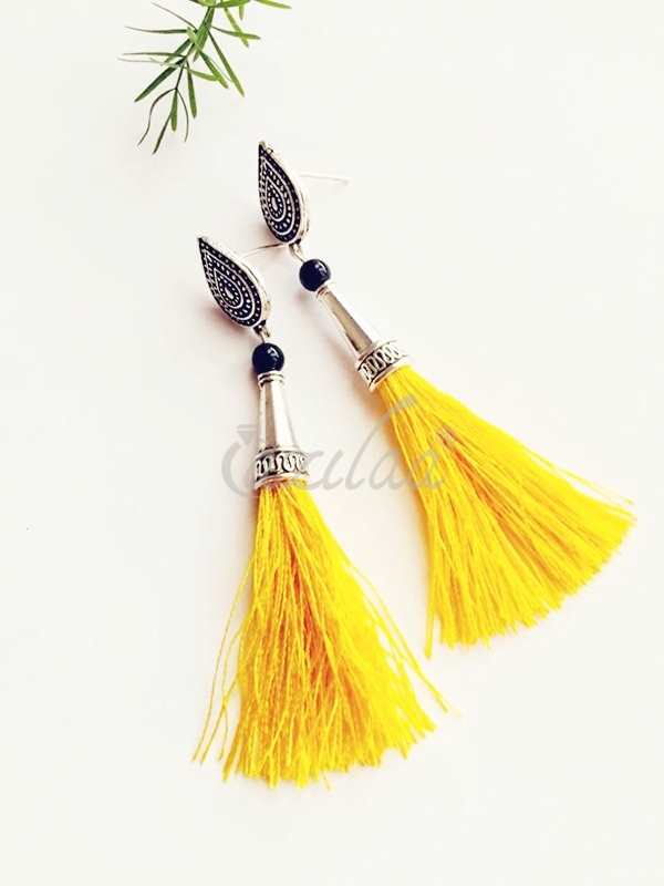 Bright yellow silk tassel handmade post earrings