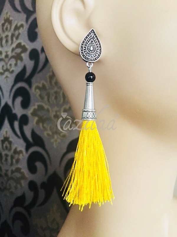 Bright yellow silk tassel handmade post earrings