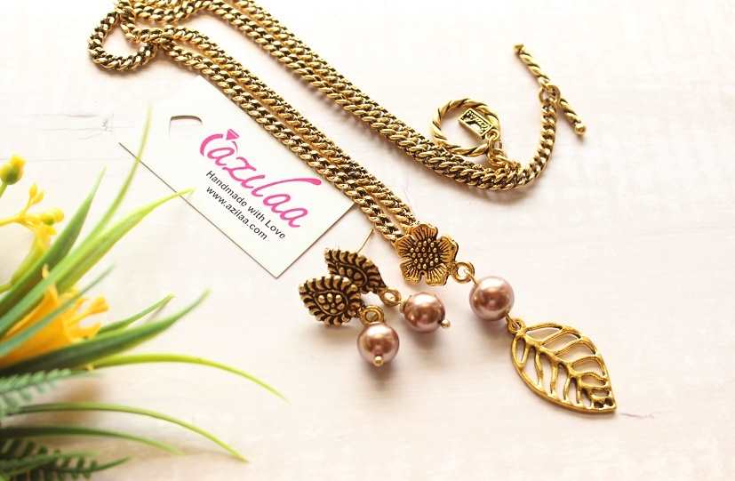 Bronze Swarovski crystal  pearl chain necklace earrings set