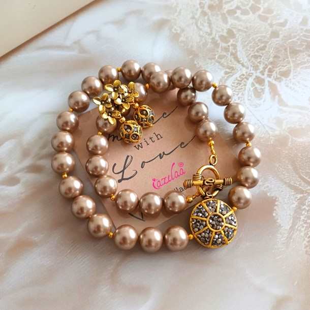 Bronze pearl golden necklace earrings set