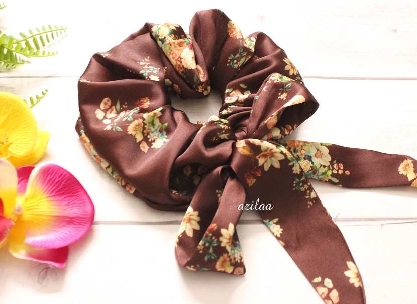 Brown floral handmade large bow scrunchie