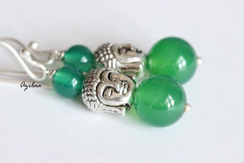 Buddha Green onyx sterling silver handmade gemstone Dangler beaded earrings