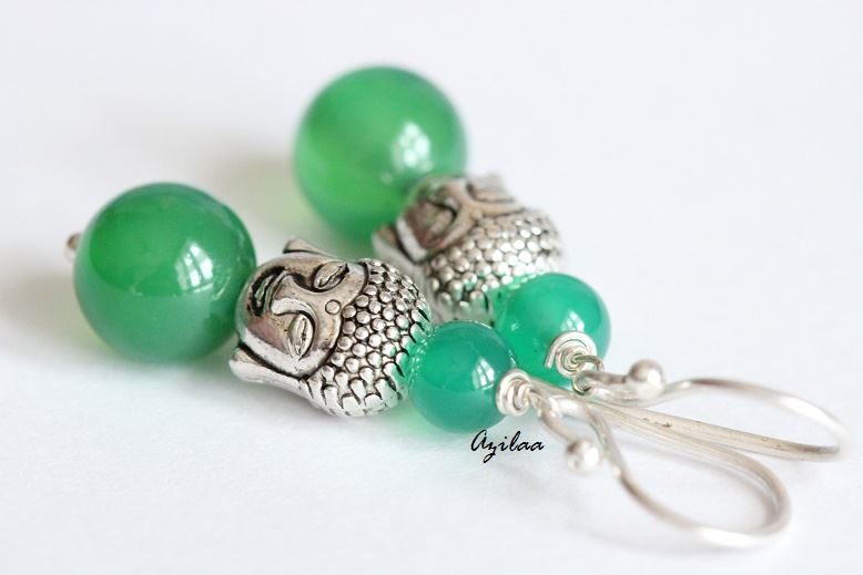 Buddha Green onyx sterling silver handmade gemstone Dangler beaded earrings