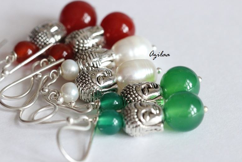 Buddha Green onyx sterling silver handmade gemstone Dangler beaded earrings