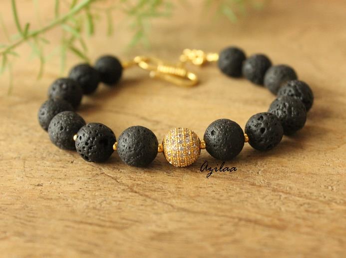 Black bead bracelet with cz, Lava beads bracelet