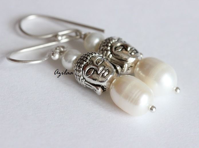 Buddha Pearl sterling silver handmade gemstone Dangler beaded earrings