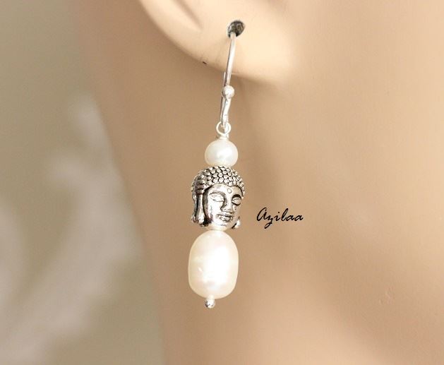 Buddha Pearl sterling silver handmade gemstone Dangler beaded earrings