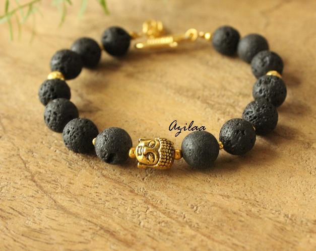 Lava stone gold Buddha head bracelet
