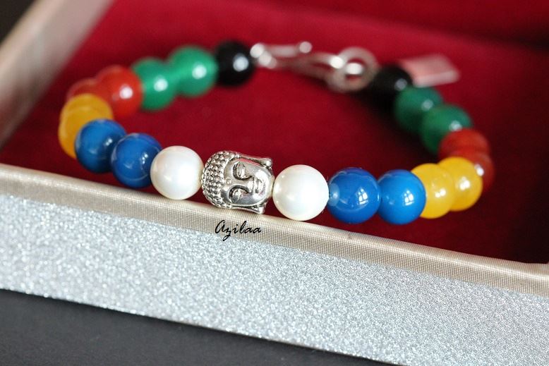 Buddha multi gemstone beaded handmade silver bracelet
