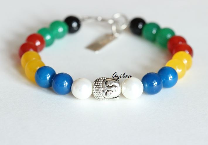Buddha multi gemstone beaded handmade silver bracelet