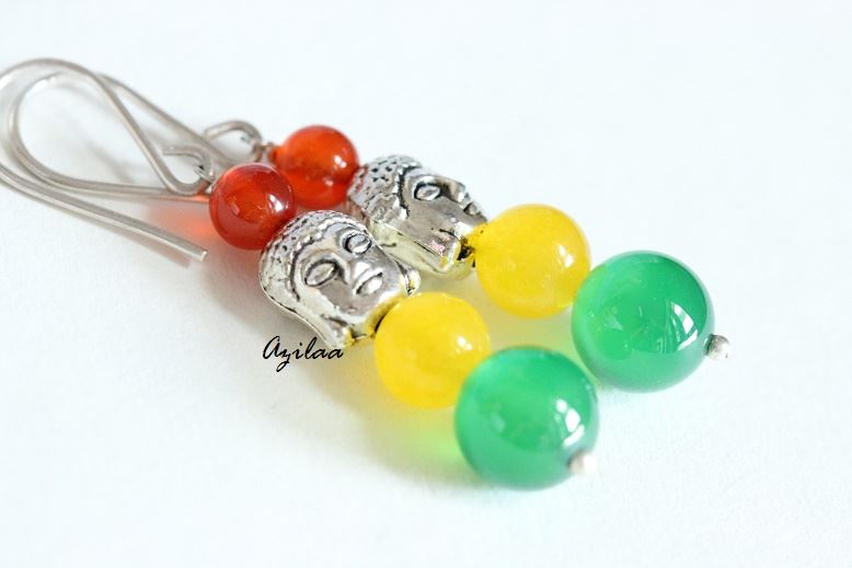 Buddha multi gemstone beaded handmade silver earrings