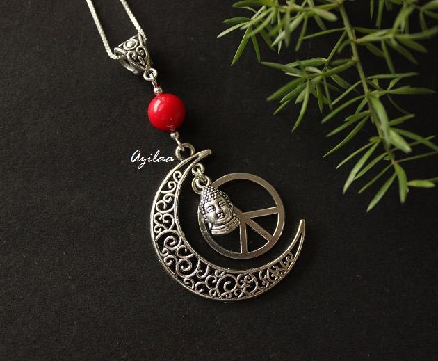 Buddha peace coral charm moon pendant silver necklace