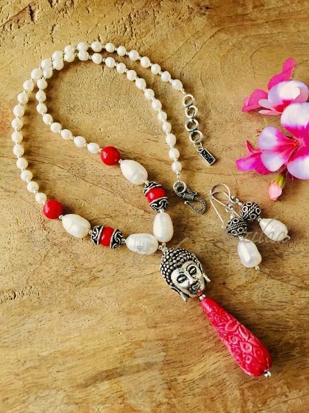 Buddha pearl red coral  gemstone designer necklace earring set
